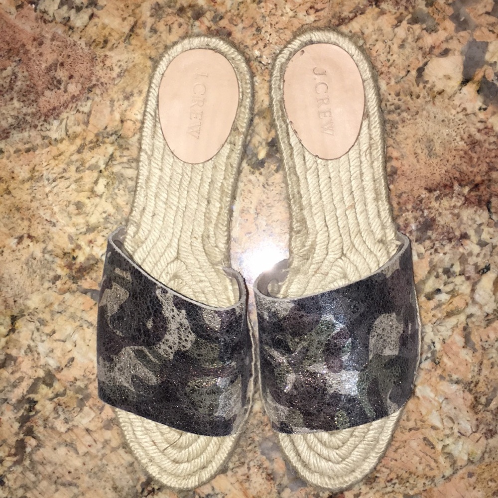 J Crew Camo Leather Banded Espadrille Slide Sandal